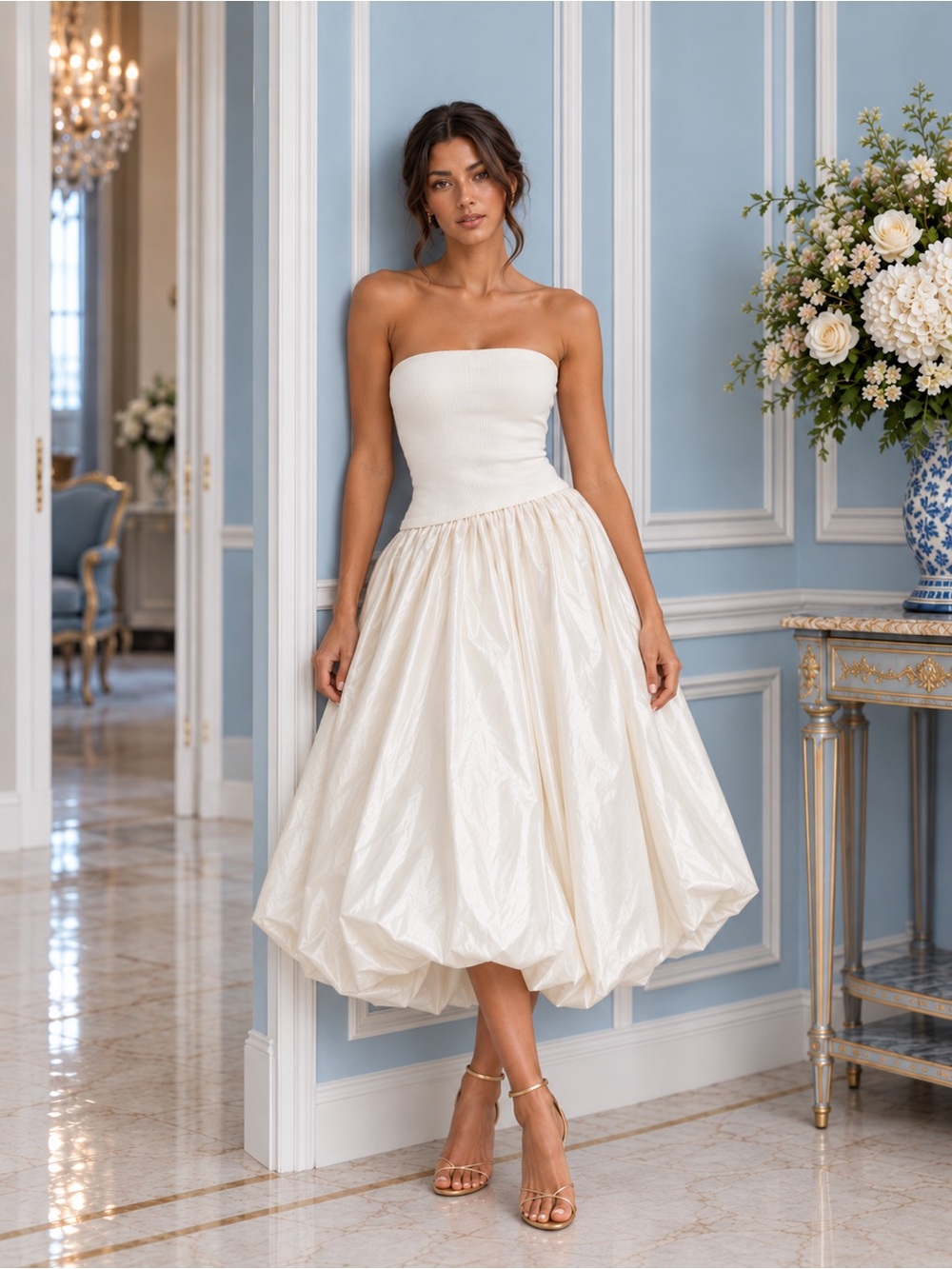 NWT SIMKHAI Izzy Strapless Taffeta Midi Dress in Ivory, size M - Picture 3 of 16